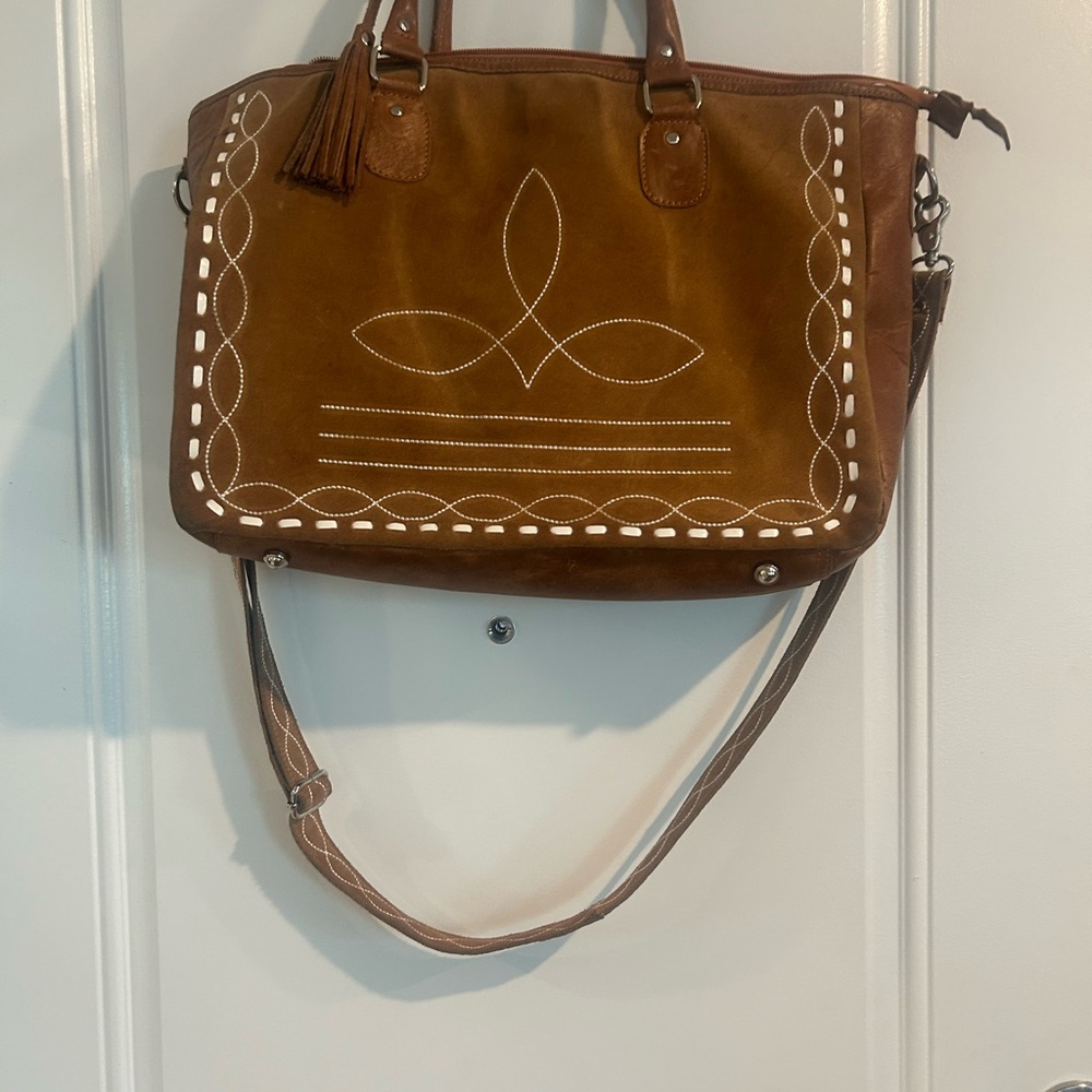 Brown Suede Crossbody Tote with White Stitch Detailing